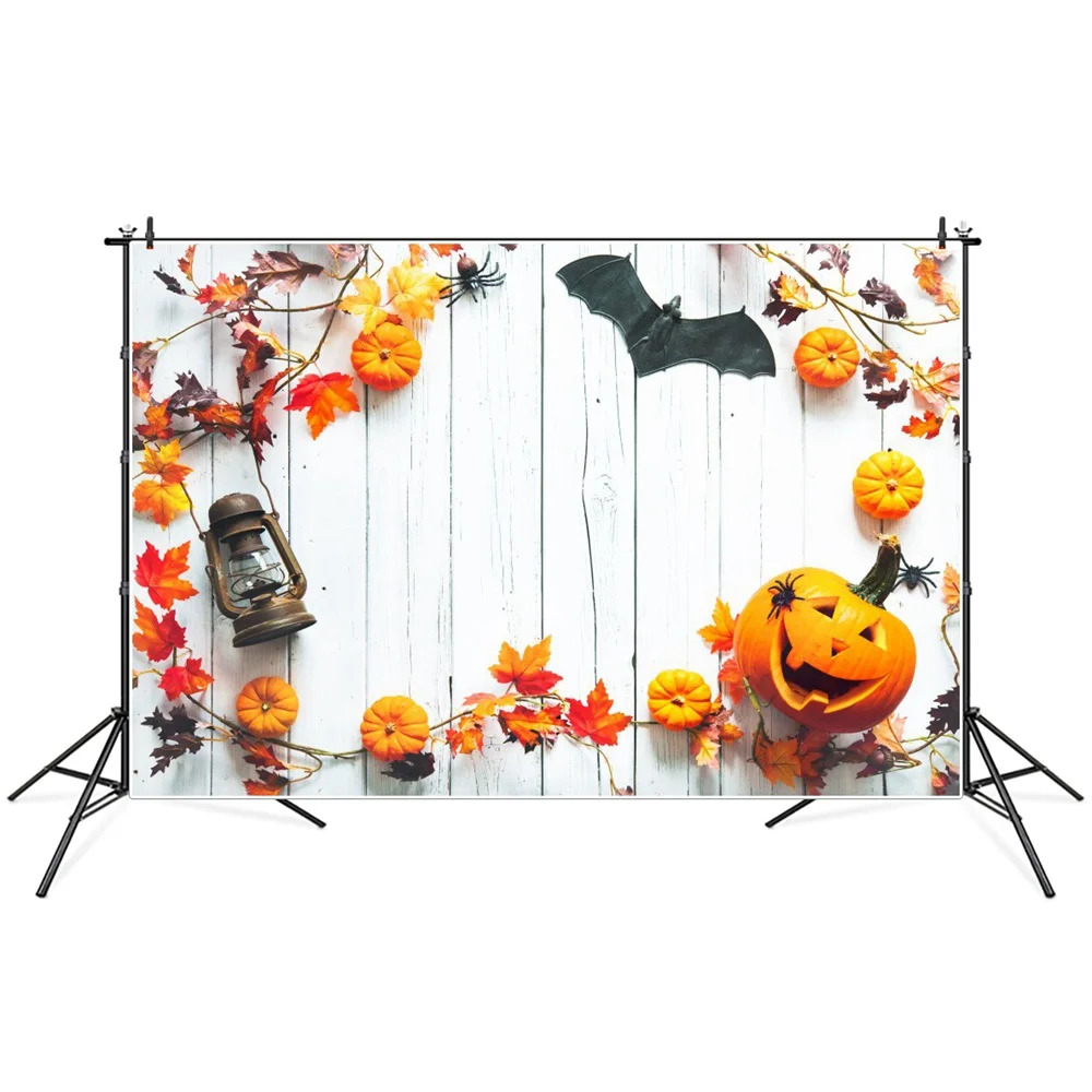 

Pumpkin Lantern Ghost Halloween Photography Backdrops Custom Leaves Vines Bat Wooden Plank Party Decoration Photo Backgrounds