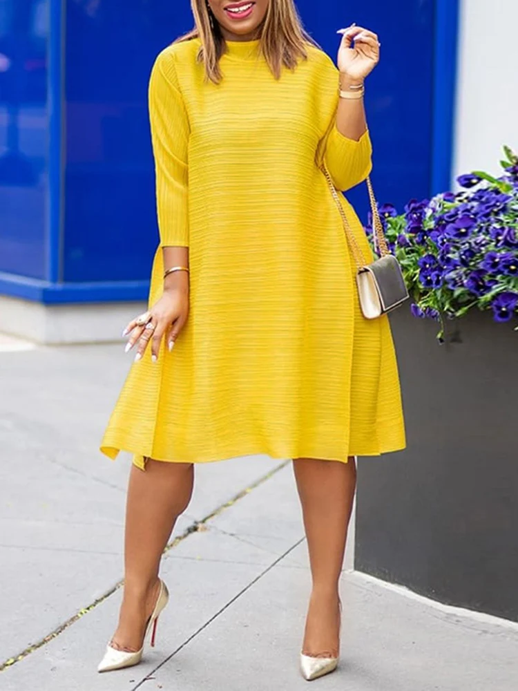 

VONDA Loose Beach Sundress Women Casual Round Neck Plain Dresses Ladies 3/4 Sleeve Midi Vestidos Holiday Dress A-Line Pleat Robe