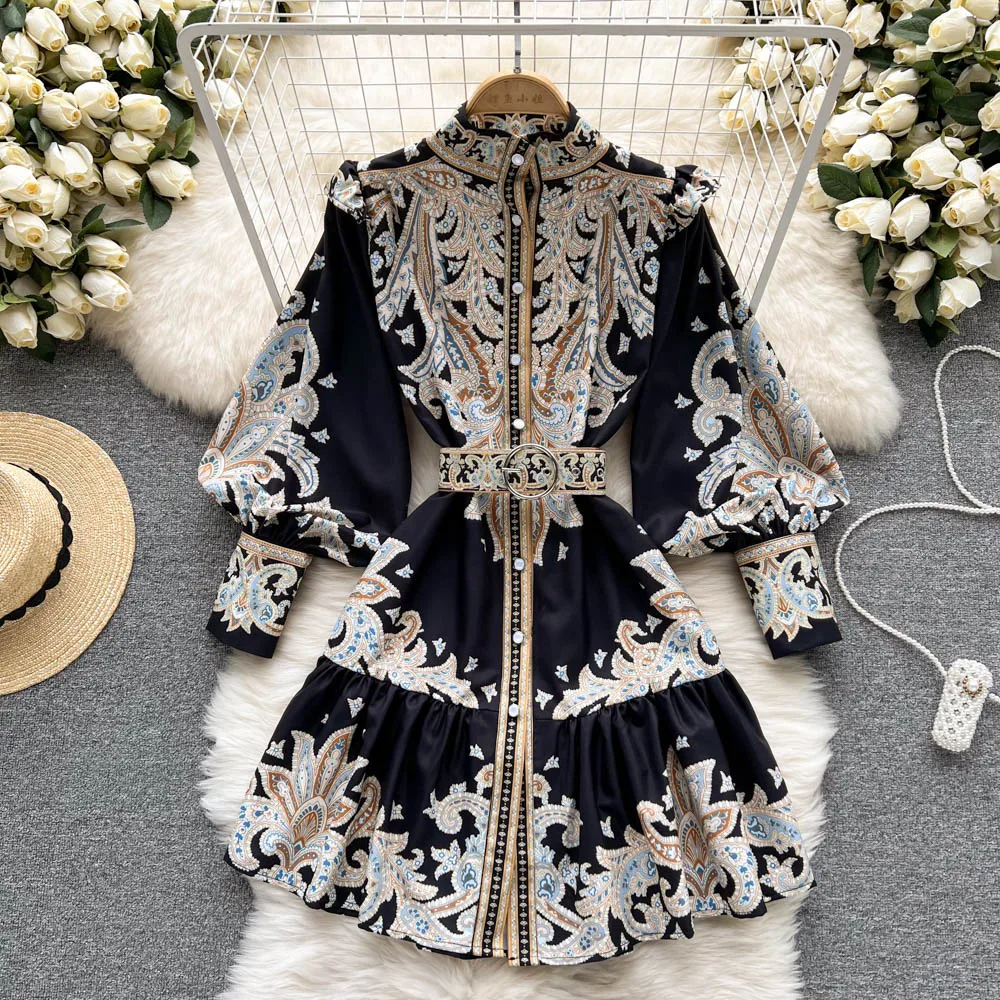 

2022 Spring Women New Stand Neck Court Retro Printing Long Sleeve Single Breasted Slim Waist Dress Elegant Clothes Vestidos G110
