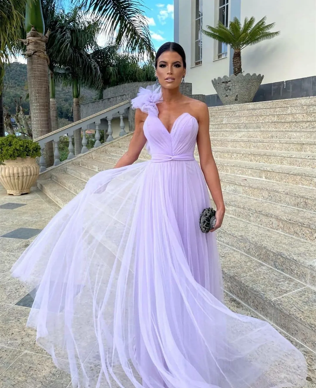 

Carolina Elegant Long Lilac Tulle Evening Dresses With Bow A-Line V-Neck One Shoulder Floor Length Prom Dresses for Women