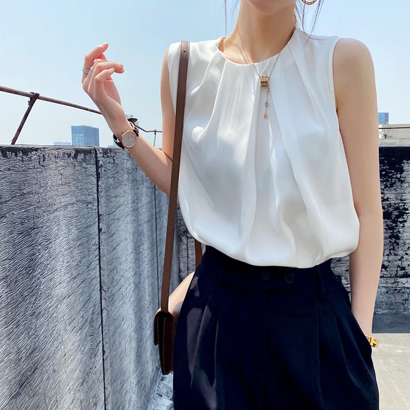 

2022 Summer New Design Korean Fashion Acetate SATIN Tank Tops White Color Office Ladies Vest Casual Blue Crop Top For Women
