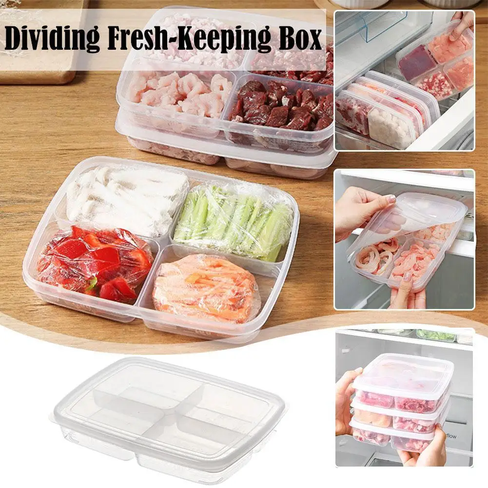 

4 Grids Portable Food Fruit Storage Box Compartment Refrigerator Freezer Organizers Sub-Packed Meat Onion Ginger Clear Box