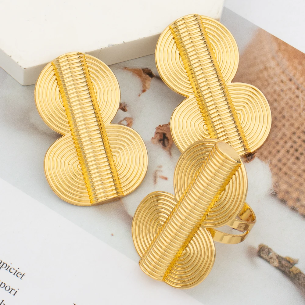 

Nigerian Gold Color Earring and Ring Set for Women 8 Shape Design Earrings and Resizable Ring 2Pcs Set for Anniversary Gifts