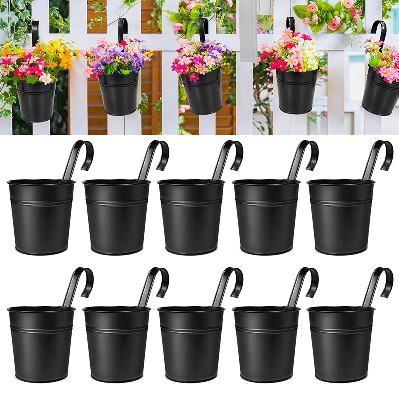 

10Pcs Hanging Flower Pots, Wall Planter Indoor/Outdoor For Railing Fence Balcony Garden Home With Detachable Hooks