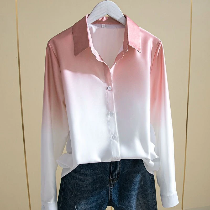 

Gradient Silk Stain Shirt Spring Summer Fashion Blouse 2023 Korean Style Elegant Shirt Turn Down Collar Long Sleeve Clothing