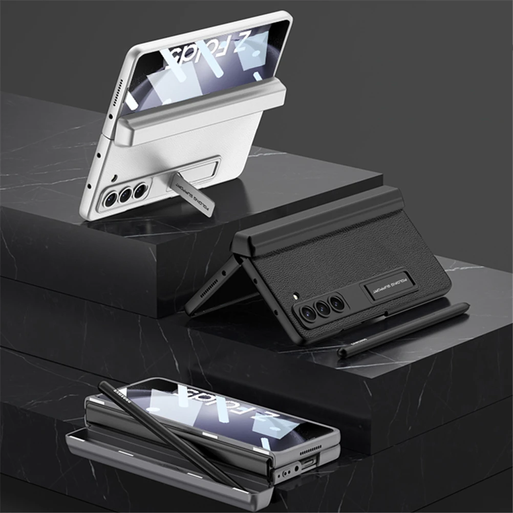 Hidden S Pen Holder Cover for Samsung Galaxy Z Fold 5 Fold5 Case Magnetic Hinge Leather Skin Hard PC Kickstand with Glass Film