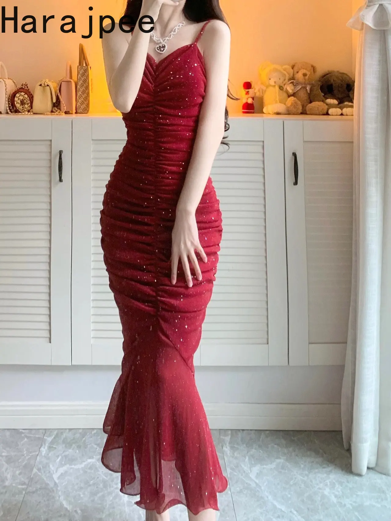 

Harajpee 2023 Korean Style Women Red Slip Dress Sweet Tight Hip Wrap Fishtail Long Beading Sequin Elegant Lady Evening Dresses