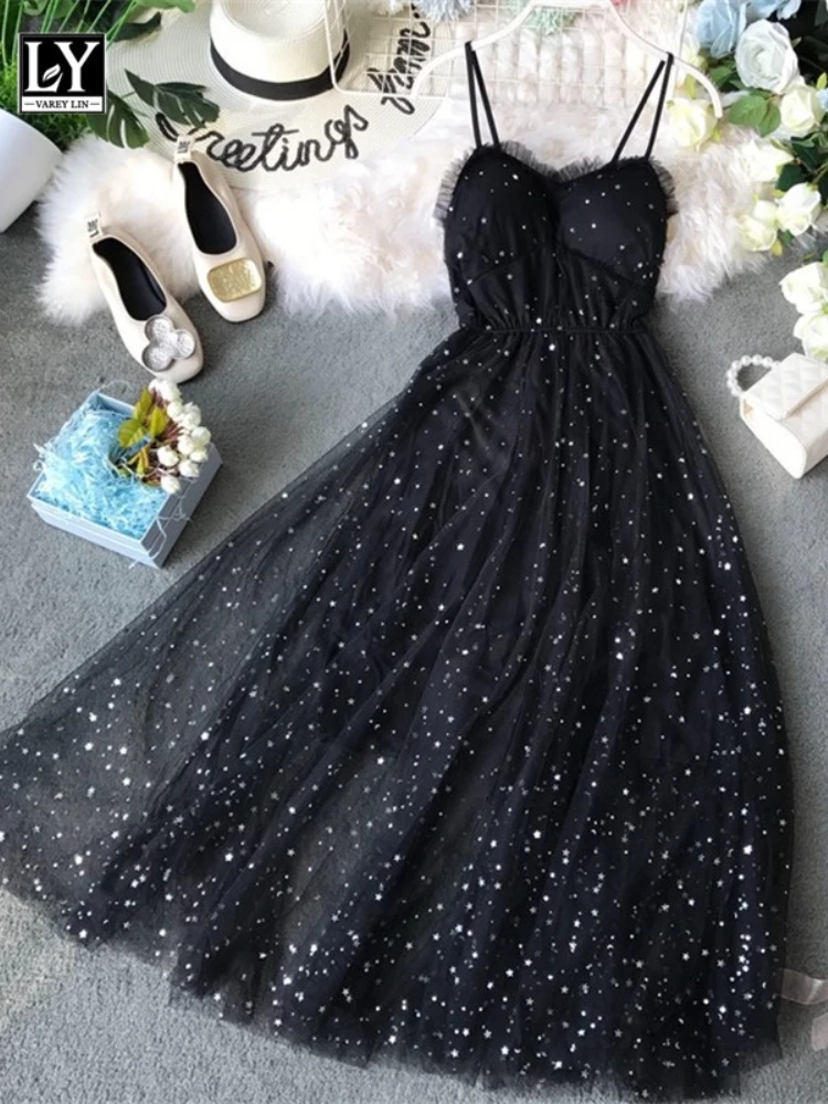 

LY VAREY LIN 2022 women summer Stars V-neck Sleeveless Vestidos Sexy Dress equined Party Dress Mesh Patchwork New Long Dresses