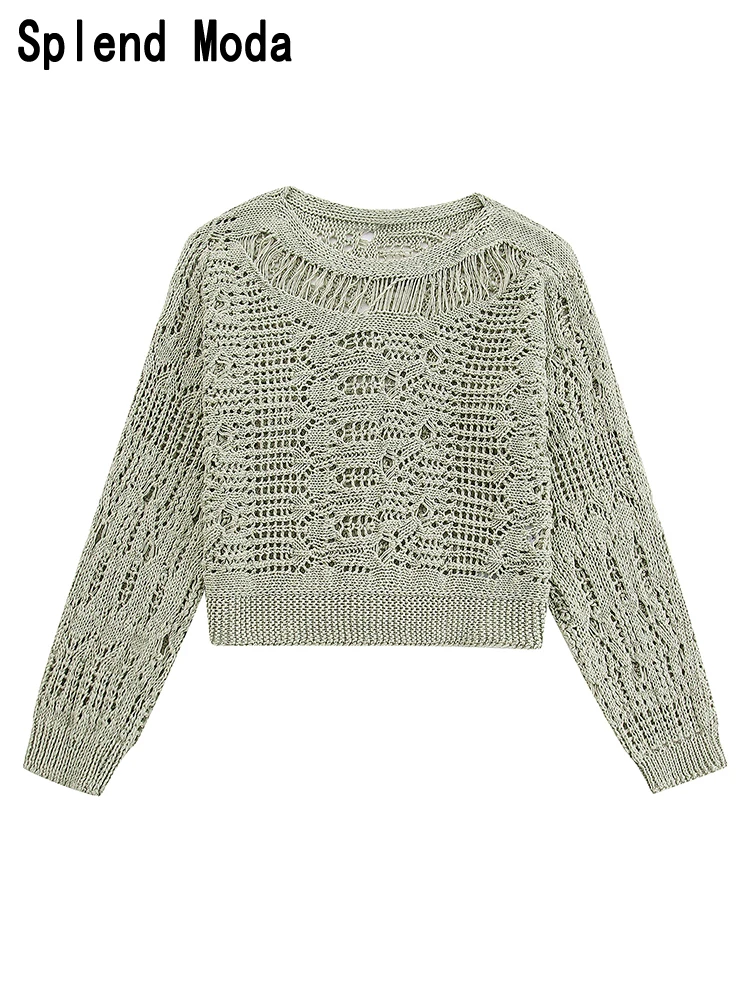 

2023 Women Autumn New Fashion Streetwear Hollow Out Knitted Pullovers Chic Long Sleeve Sweater Casual O-neck Jumpers TRAF