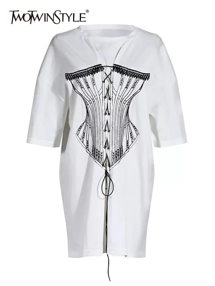 

TWOTWINSTYLE Embroidery Lace Up T Shirt For Women Round Neck Short Sleeve Loose Casual T Shirts Female Summer Clothing New 2022