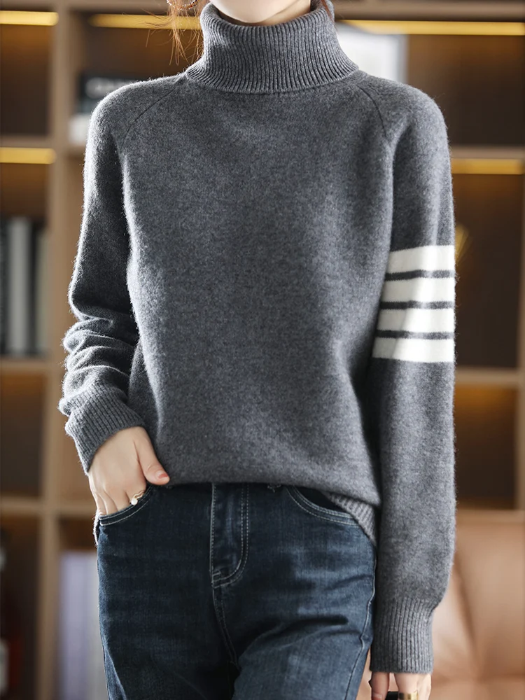 

RONGYI 100% Wool Women Pullover Sweaters Turtleneck TB Long Sleeve Autumn And Winter New Knitted Keep Warm Fashion Top