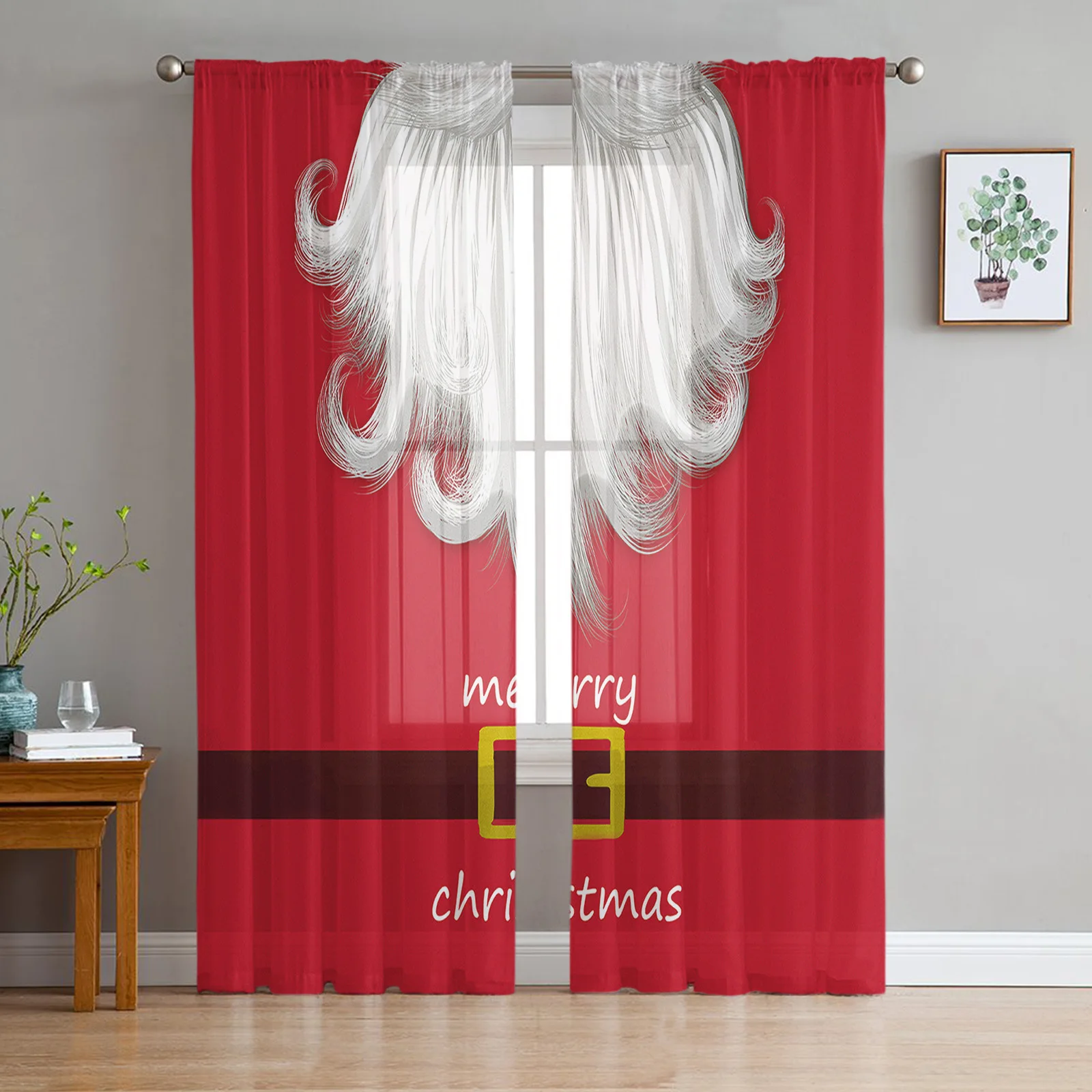 

Рождественские красные карнавальные шторы из тюля с Санта-Клаусом и бородой для гостиной, спальни, занавески из вуали, Детские прозрачные Оконные Занавески Из Органзы