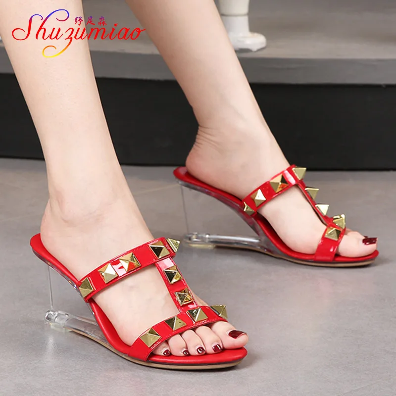 

Candy Color Patent Leather Slippers Summer New Transparent Wedges Sandals Rivet Belt Hollow Out High Heel 8CM Party Women Shoes
