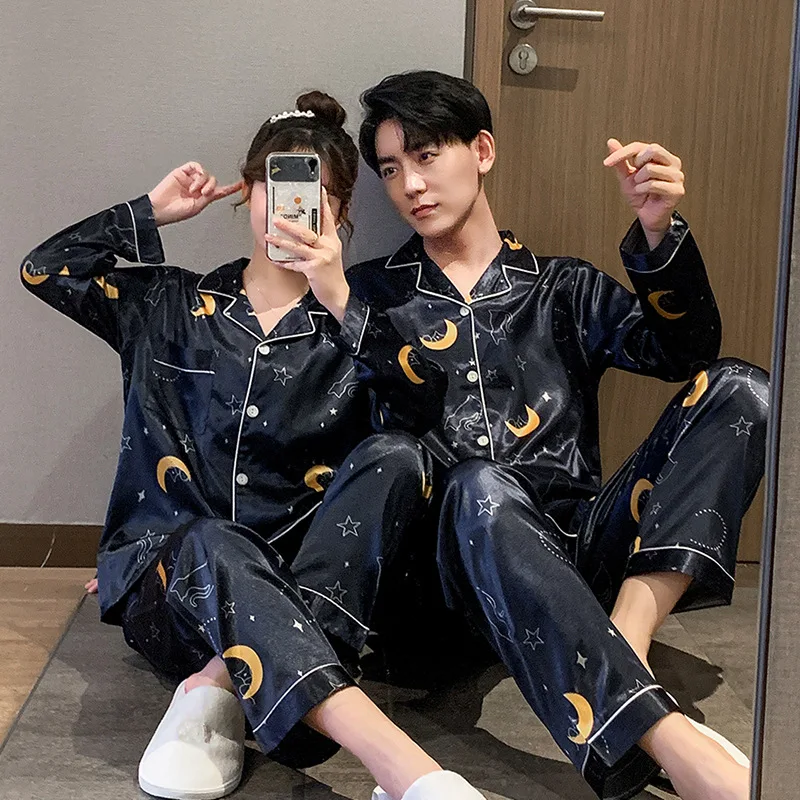 The Autumn Couple Silk Pajamas Sets Cartoon Star Printing Sleepwear for Women Men Nightwear Spring Casual Homewear Sleep Lounge