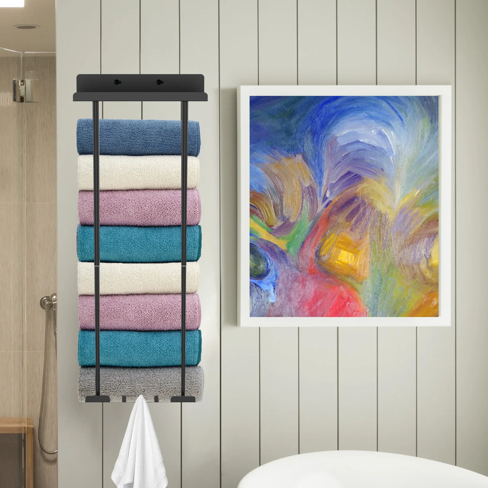 

NewWall Mounted Towel Rack Retractable Bathroom Towel Storage with Shelf and 3 Hooks Carbon Steel Towel Organizer Space Saving