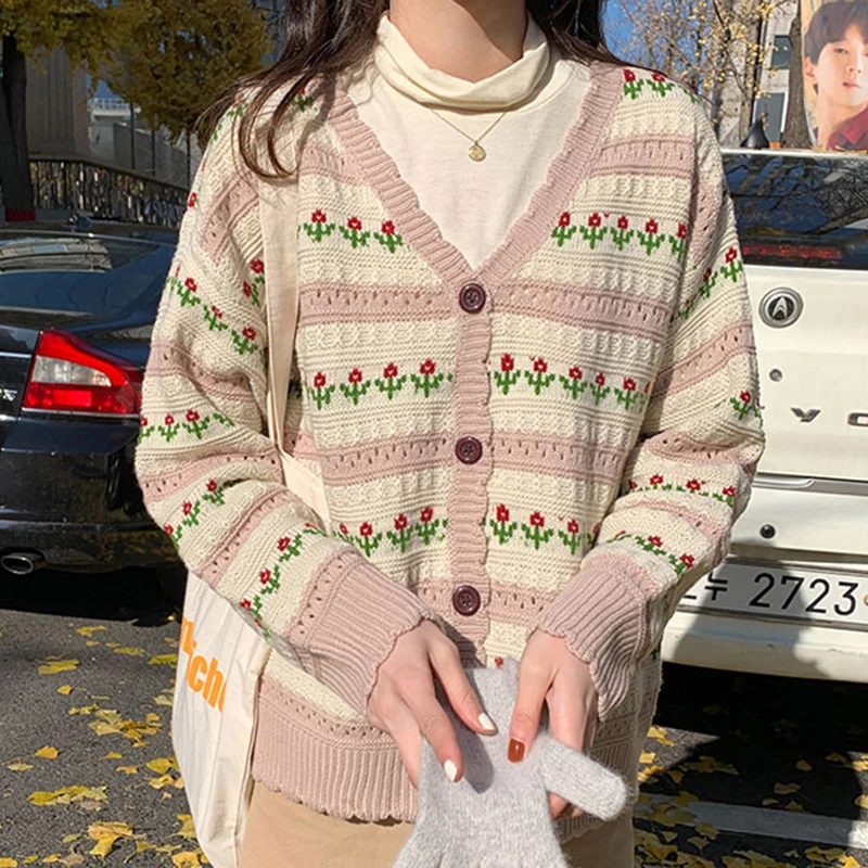 

Женский трикотажный кардиган с цветочным принтом, Свободный теплый кардиган с длинным рукавом, в Корейском стиле, Осень-зима 29159
