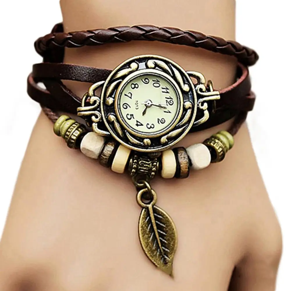 

Women Watch Retro Faux Leather Bracelet Tree Leaf Decoration Quartz Wrist Watch