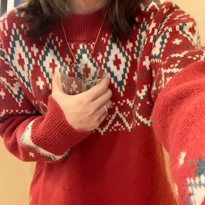 

Christmas Sweater Female 2021 Autumn Winter Loose Retro Holiday Vintage Pullover Knitted Top New Sweaters Casual Tops Women