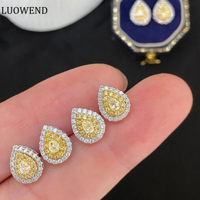 

LUOWEND 18K White Gold Earrings Classic Shiny INS Style Real Natural Yellow Diamonds 0.50carat Stud Earrings for Women Wedding
