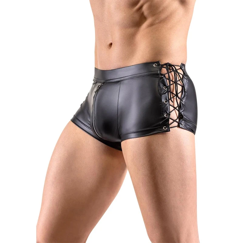 Mens Patent Leather Boxers Pants Wet Look Shorts Underwear Nightclub Strap Vest Tops Clubwear Dancing Hot Pants Costumes