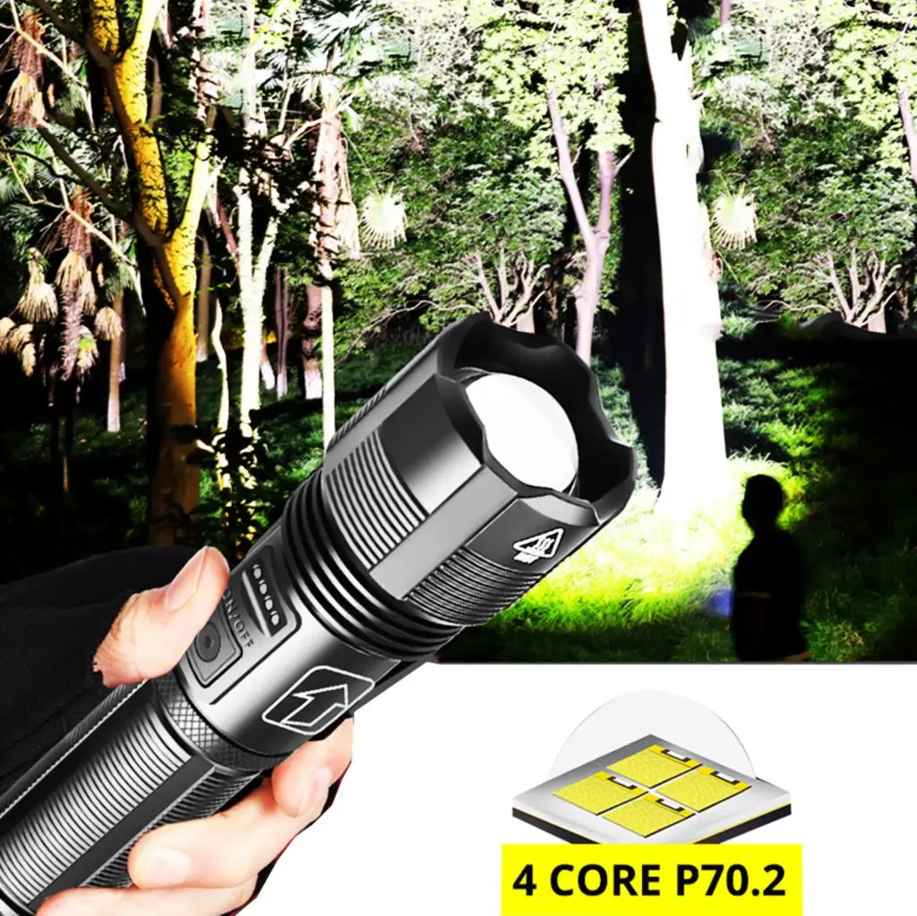 ZK20 Dropshipping Super Bright LED Flashlight 4 Core Hiking Camping P70.2 Power Display AAA or 18650 Torch Flashlights
