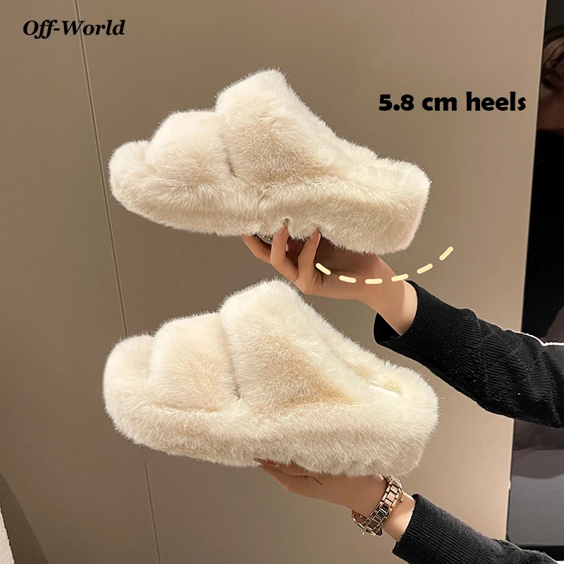 

Women Winter Fur Slippers Warm Indoor Soft Sides Short Plush Home Cotton Shoes Summer Mules Casual Shoes Female Wedge Slippers