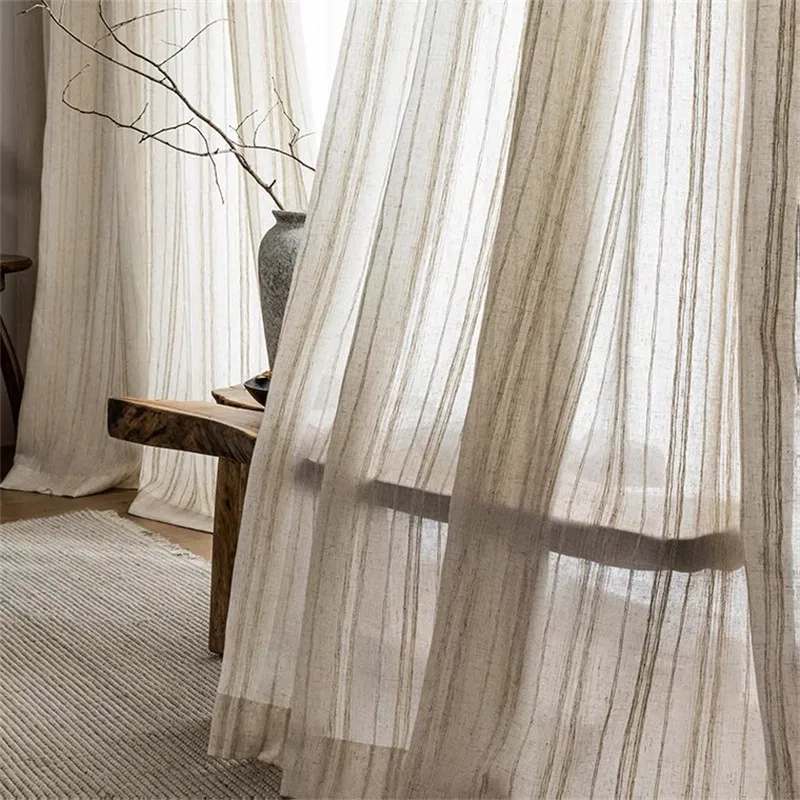 

American Style Pastoral Linen Window Screen Retro Cotton Linen Striped Tulle Curtain For Living Room Bedroom Homestay Custom #4