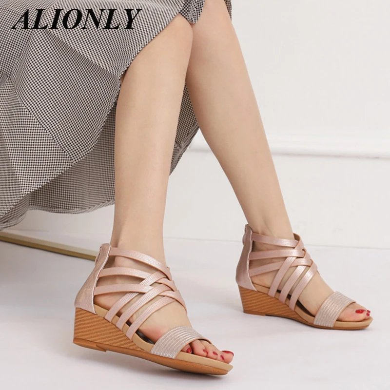 

Alionly Slope-Heeled Roman Sandals Women's 2023 New Bohemian Ethnic Style Retro Open-Toe Holiday Women's Shoes Chaussure Femme