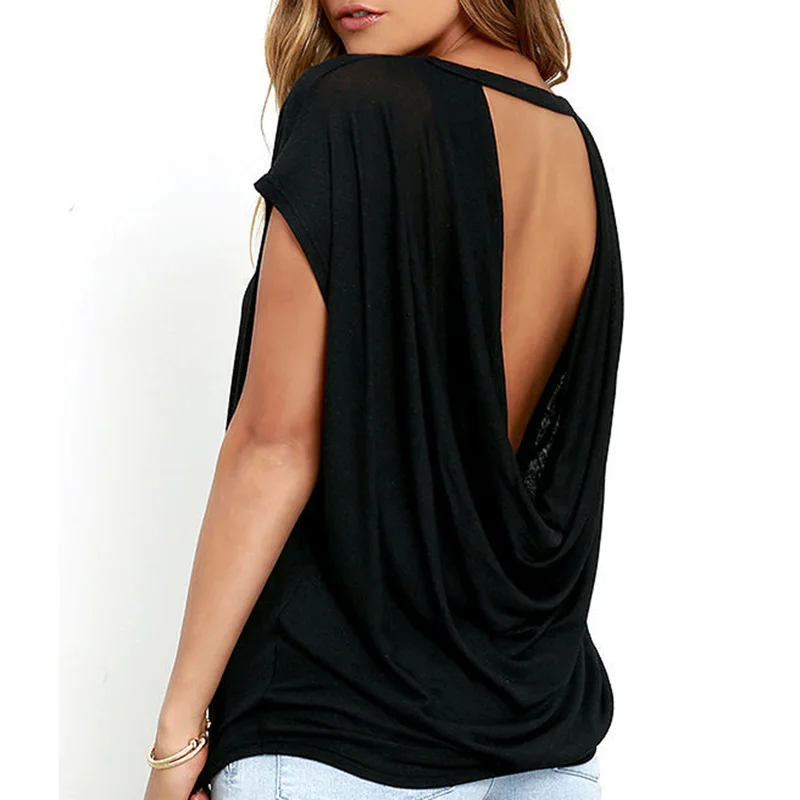 

Bigsweety Hot Sale Women Casual Backless Short Sleeve Blouse Summer Casual Loose O-Neck Tops Tees Black White Open Back