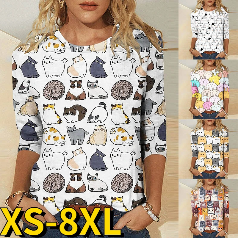 

2022 Women's Round Neck Basic T Shirt Casual Weekend 3D Cat Painting Long Sleeve Autumn Winter Floral Print Pullover Tee Shirt