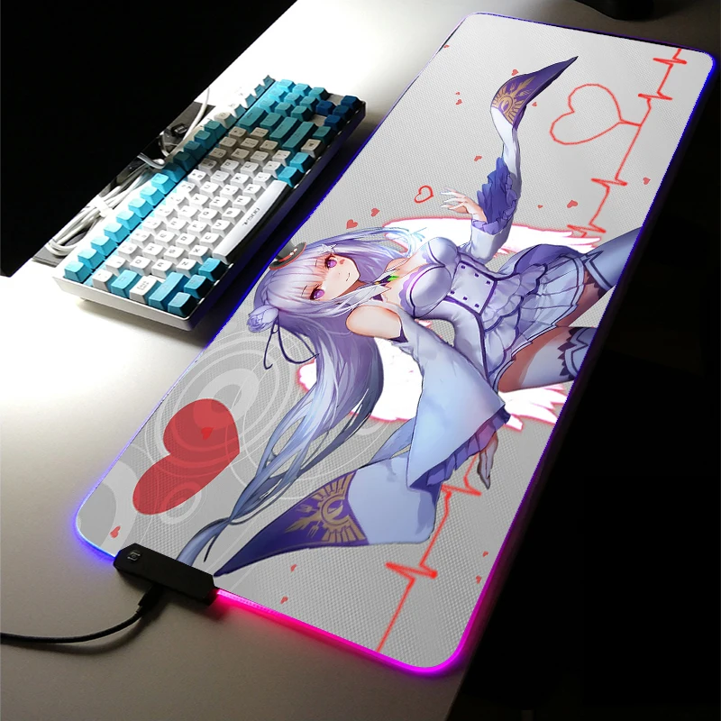 

Re Zero Emiria Anime Girl Cute White Hair Rem RGB LED Light Gaming Accessories Led Large MousePad Keyboard Desk Mat Room Carpet