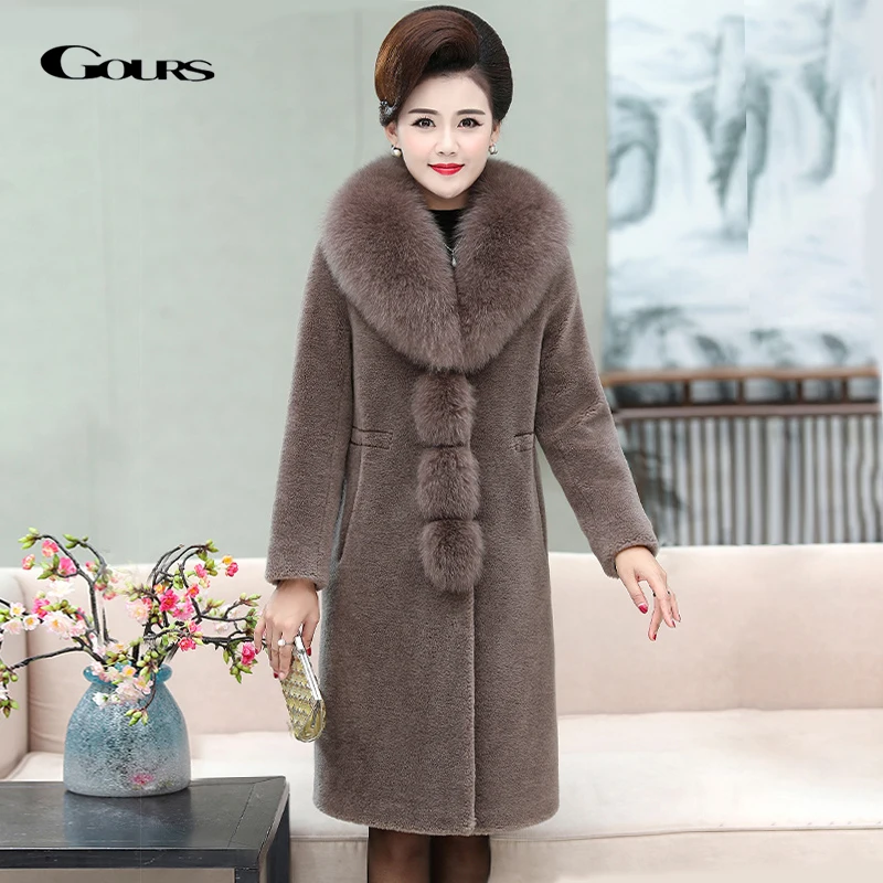 GOURS Real Fur Coats for Women Winter Long Coats and Jackets Natural Wool Clothes Fox Fur Collar Warm Soft Plus Size New LD8828