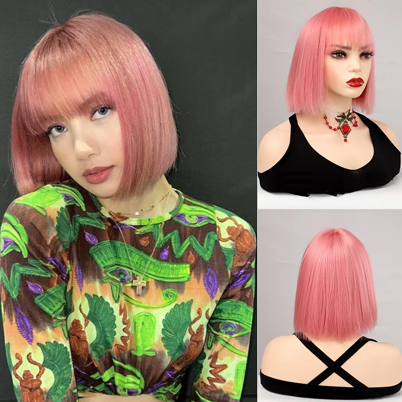 

CTRLALT Short Straight Bob Wigs With Bangs Synthetic Wigs For Women Pink Red Black Wigs Lolita Cosplay Party Natural Hair Wig