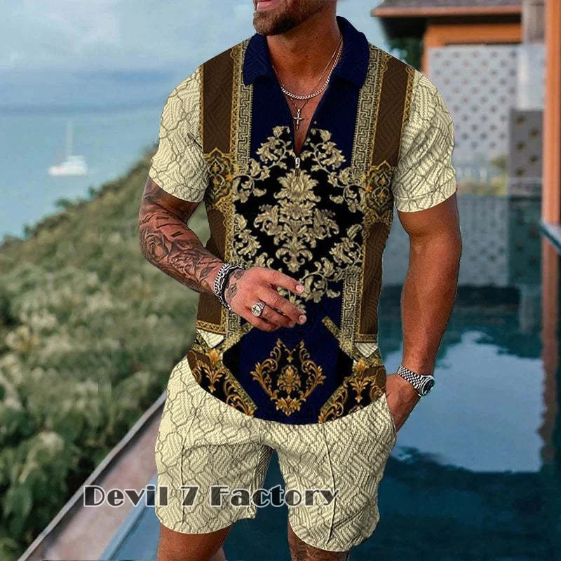 Men's Lapel Polo Shirts Shorts 2 Piece Sets Breathable Summer Sportswear Outfits 3D Printed High Quality Man Clothing Tracksuit