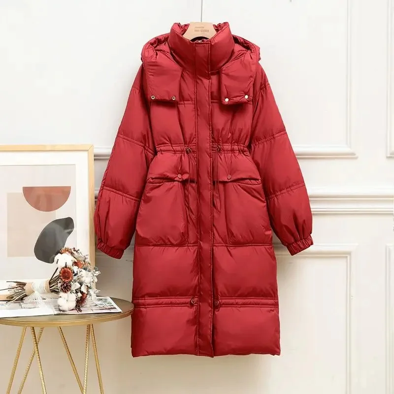 2022 women's mid-length coat Korean version of loose and thick waist hood down cotton jacket
