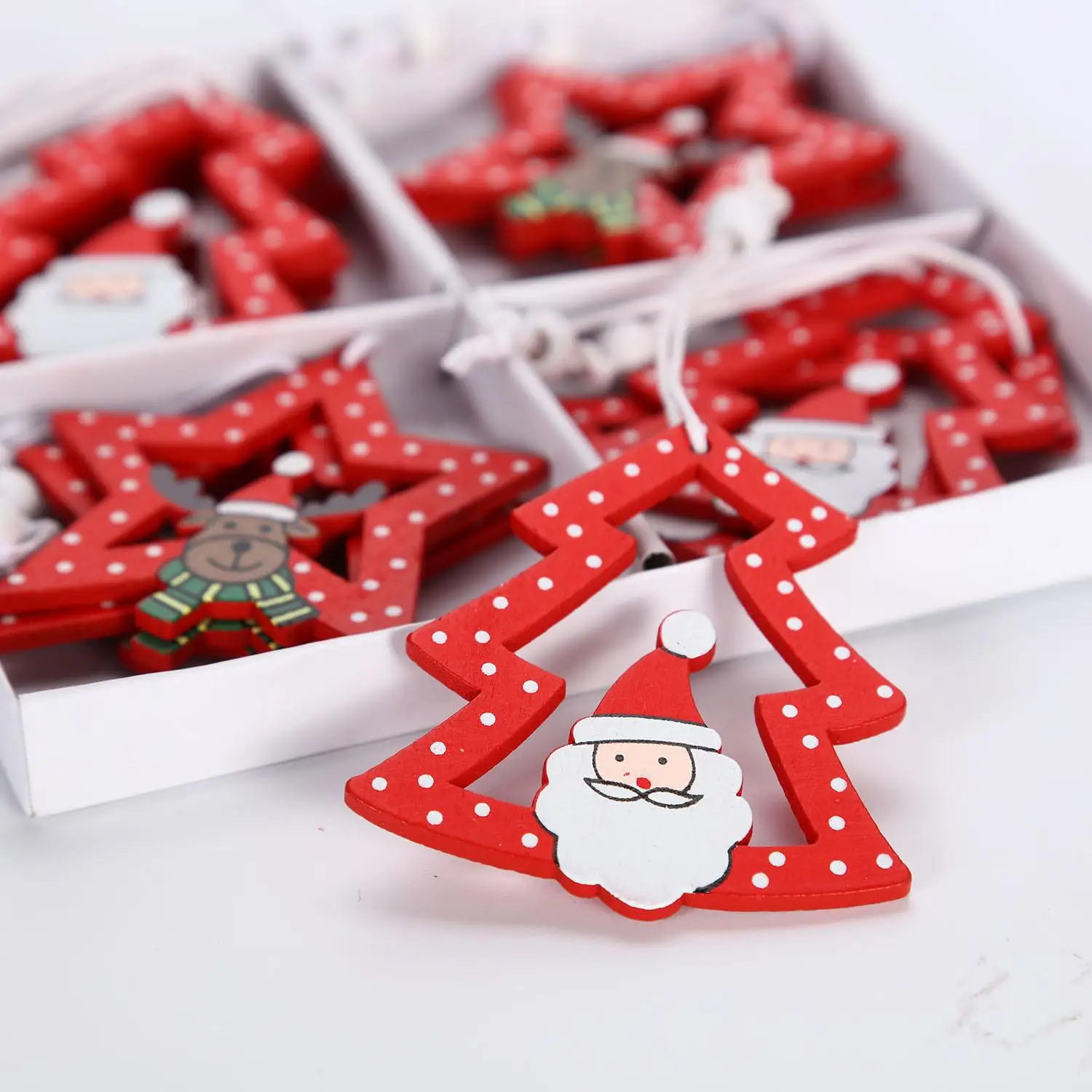 

12 Pieces Of Small Tree Five Pointed Star Christmas Wooden Gift Ornaments European Style Home Color Cartoon Cute Ornaments