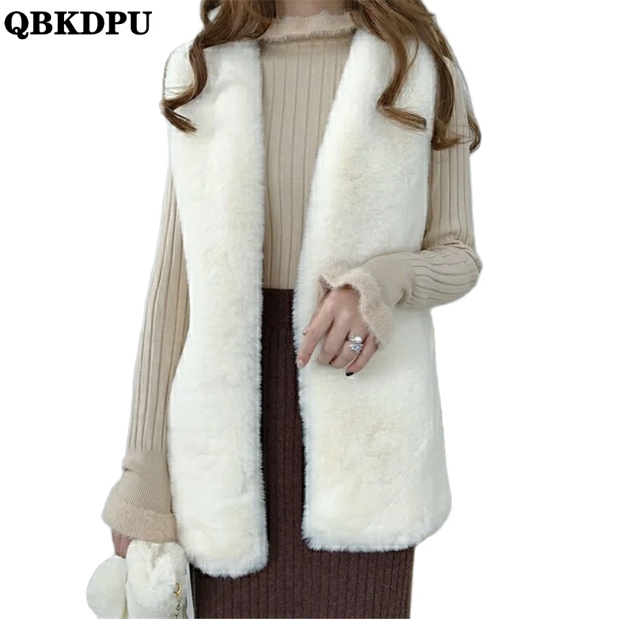 Fall Winter Mid-length Faux Rabbit Fur Vest Women Warm Thick Gilets Plush Soft Waistcoat Sleeveless Jackets Fashion Outwear Top