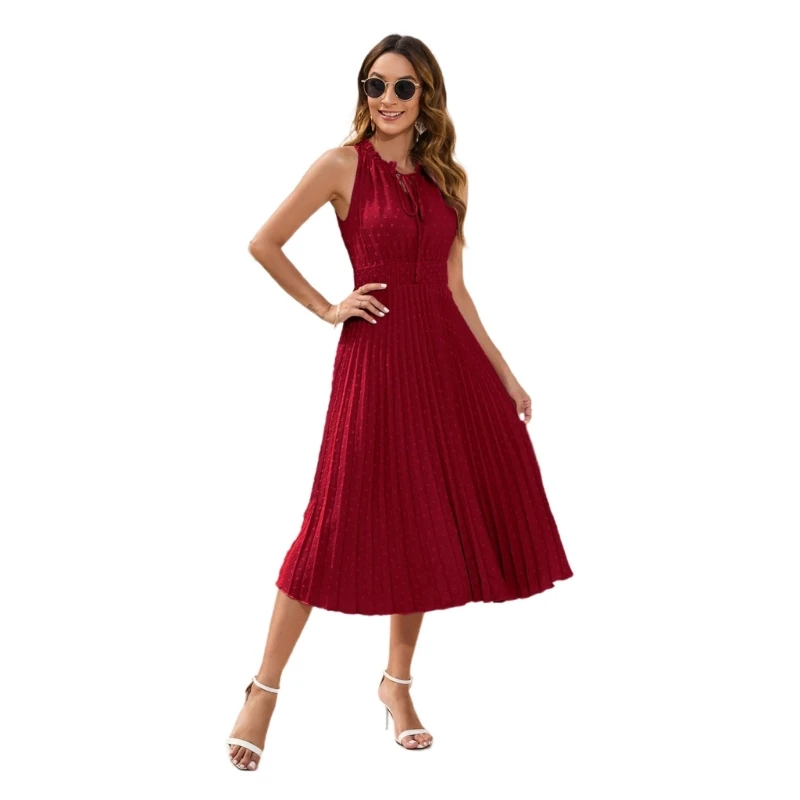 

Womens Summer Sleeveless Pleated Long Dress Solid Color Sexy Dress Maxi Dress