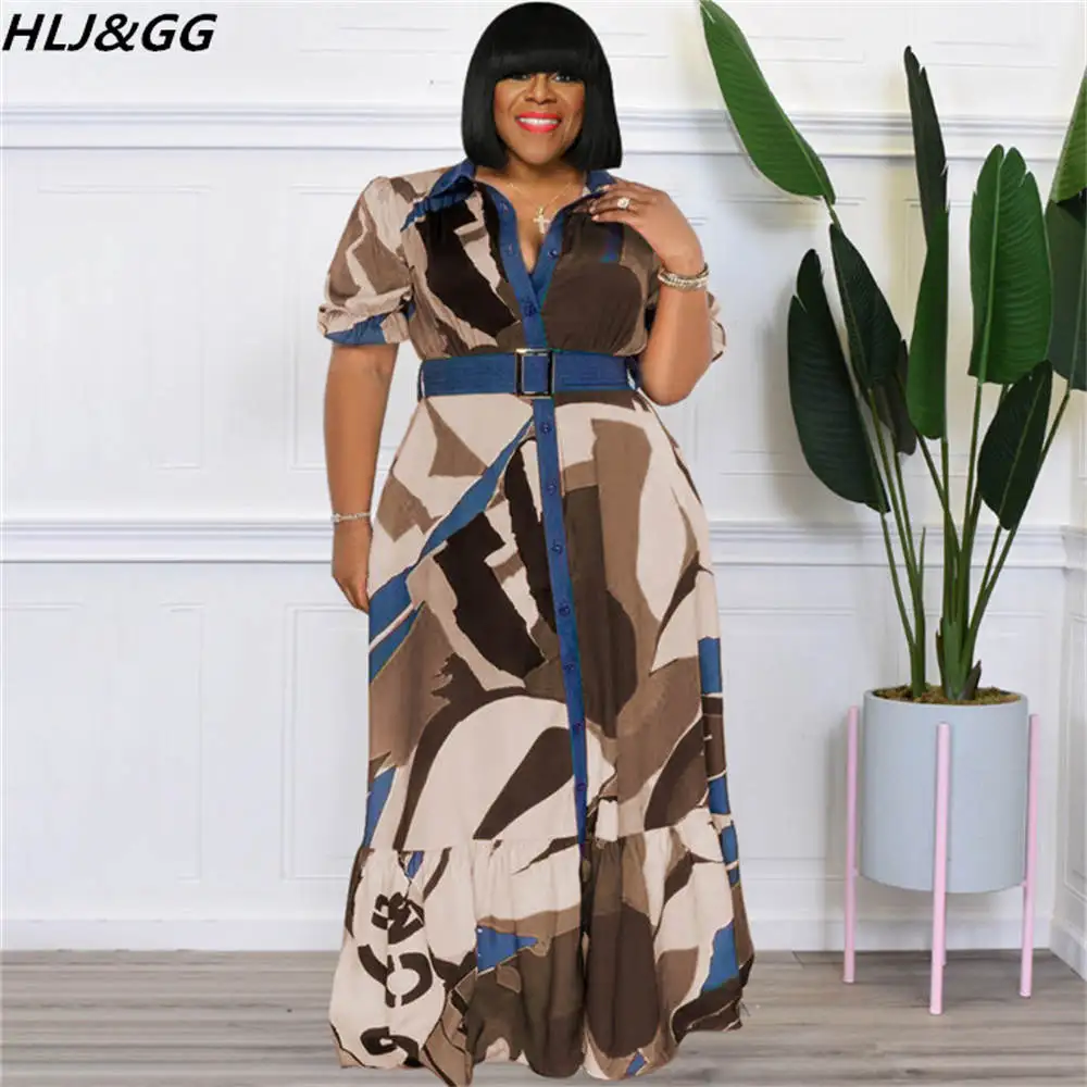 HLJ&GG Eleagnt Office Lady Dress Plus Size For Women Long Sleeve Button Belt Maxi Dress Fashion Print Streetwear Vestidos XL-5XL