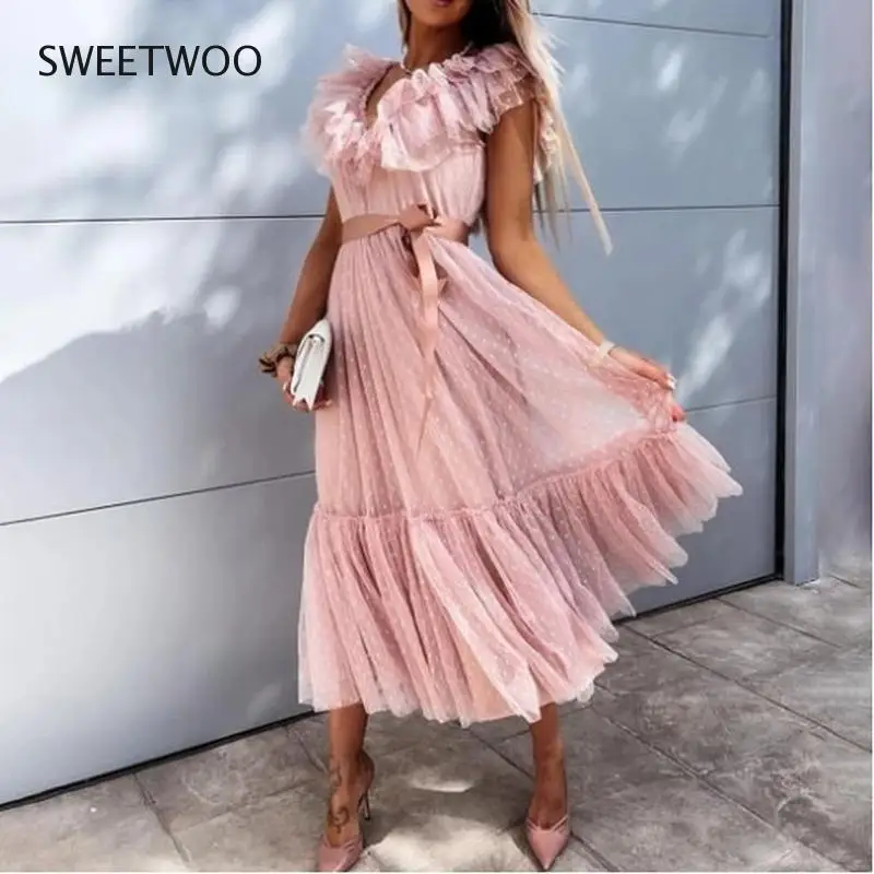 

Summer Fashion New Style Pure Color Sleeveless Lace Edge Sexy Deep V-neck Ruffled Belt Lace-up Short Sleeve Dress Vintage Dress