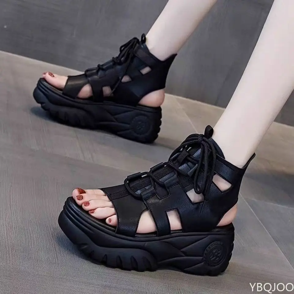 

Женские сандалии с открытым носком, босоножки в римском стиле на Высоком толстом каблуке, кожаные сандалии-гладиаторы, лето 2022