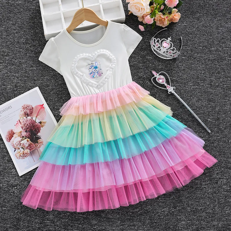 

Disney Girls Layered Princess Dress Summer Love Embroidery Cartoon Stellalou Dress 2-8 Years Vestidos Children Party Clothes