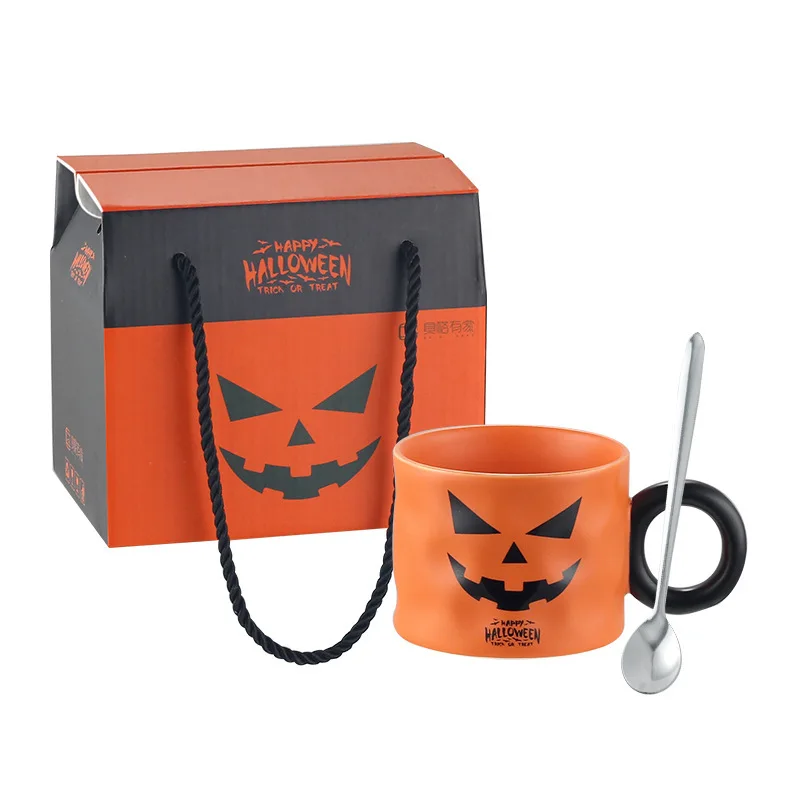 

Ceramic Pumpkin Mug Set with Spoon 2023 Halloween Cartoon Cute Coffee Juice Milk Mugs Creative Halloween Cup Gift Set with Box