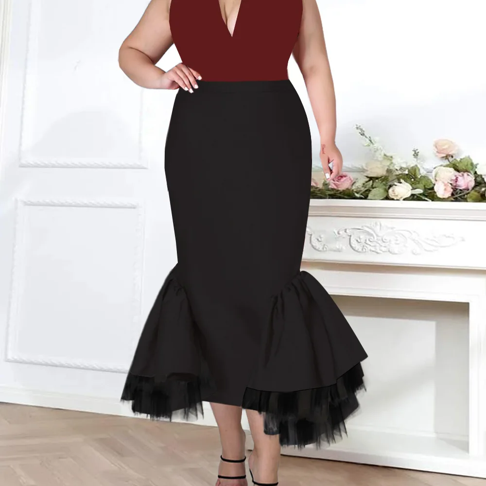 

Women Skirt High Waist Spliced Mesh Ruffle Slim Party Hip Dress Long Skirt Solid Large Ladies Commute Skirts 2022