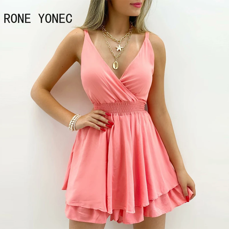 

Women Solid Sexy Spaghetti Straps Deep V Neck Sleeveless Folds Mini Sexy Party Dresses