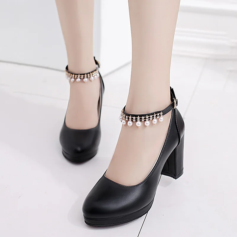 Women's Wedding Shoes String Bead Ankle Strap Elegant Middle High Heel Dress Platform Bridal Pearl Pumps 8cm 2023 Autumn Leather