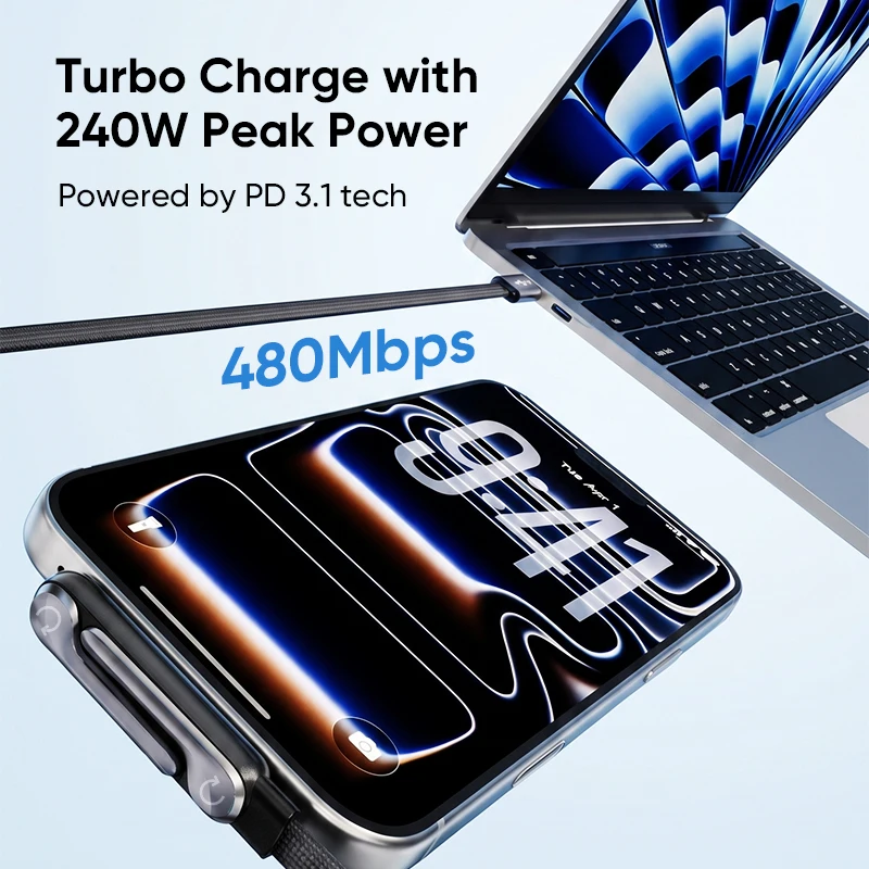 Фото KUULAA 240W 2 в 1 USB C на USB C кабель для быстрой зарядки с складной подставкой, держатель для настольного использования, зарядный провод для iPhone 17 16 №2