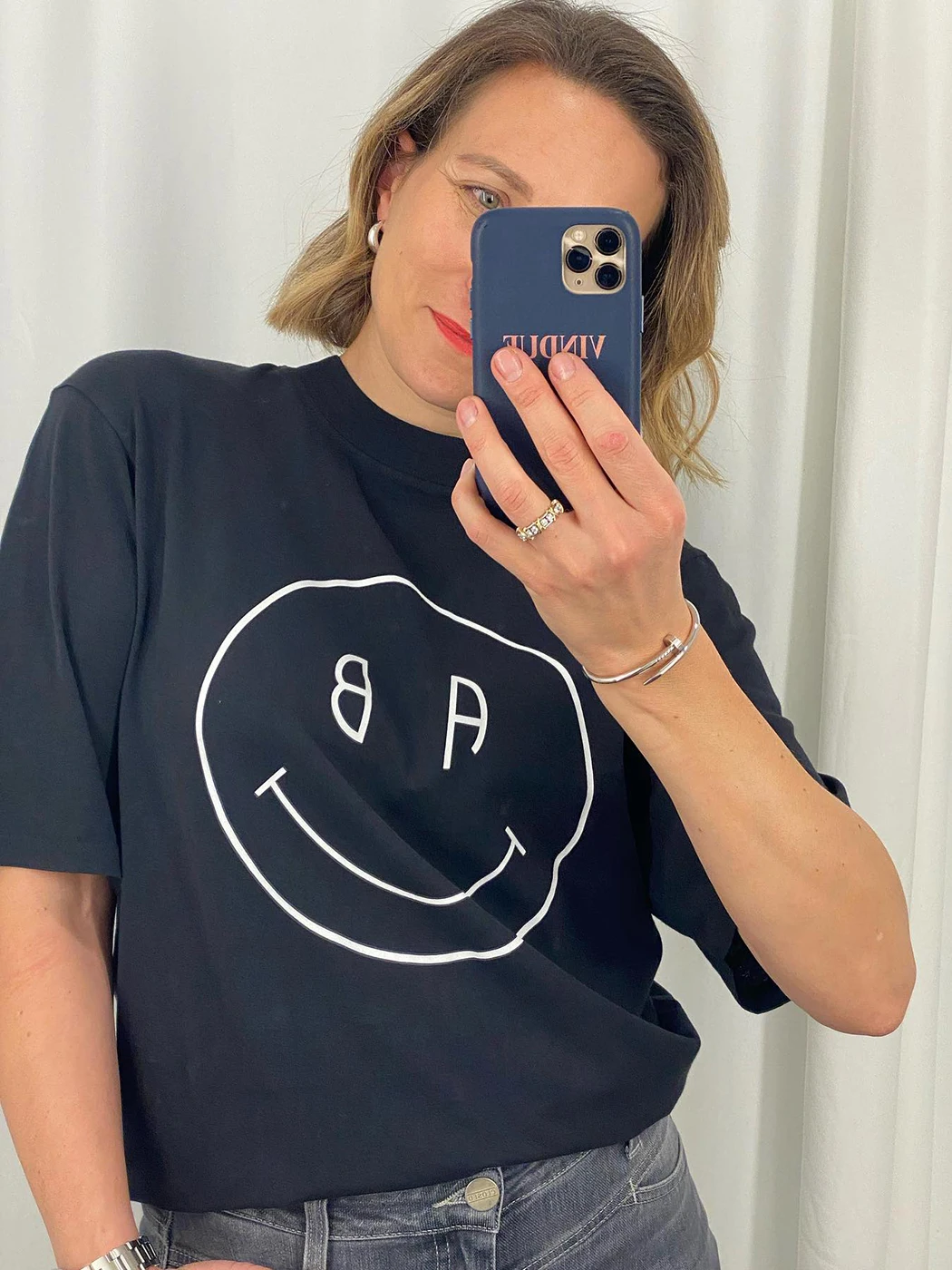 

2023 New Women's T-Shirt Smiley Face Letter Print O-Neck Short Sleeve Loose Tee Tops