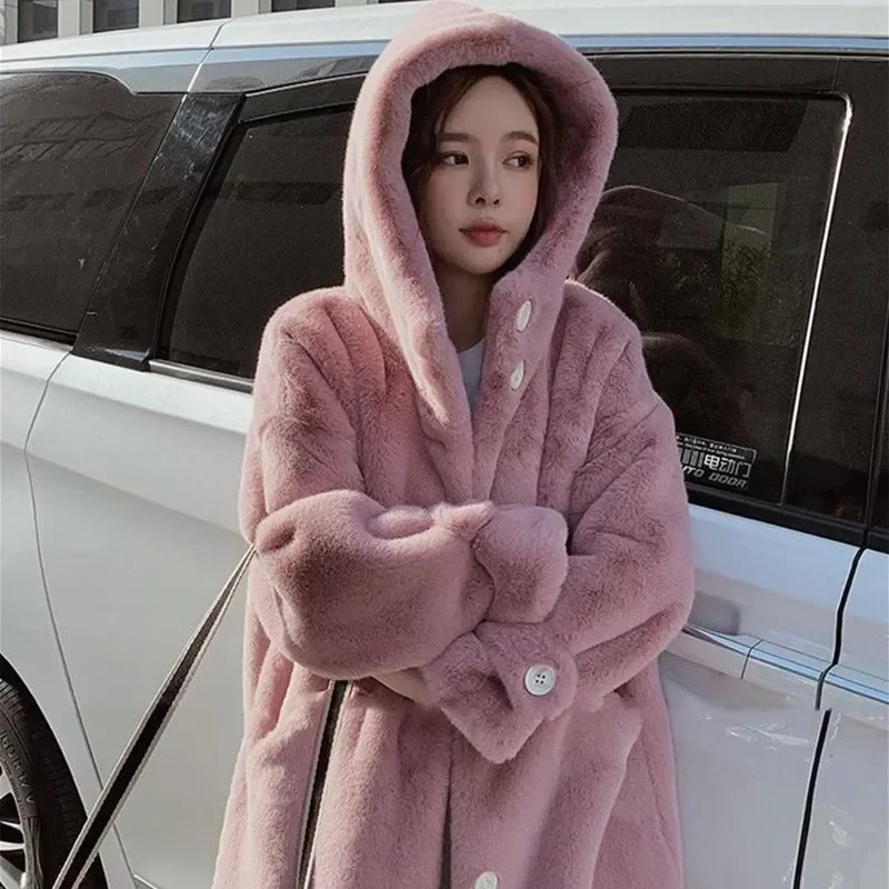 New2022 New Winter Women Faux Rabbit Fur Coat  Loose Long Fur Coat Large Size Hooded OverCoat Thick Warm Female Plush Coats