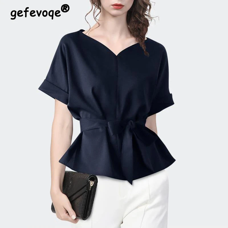 

2022Summr Элегантная модная блузка с V-образным вырезом на шнуровке, Женская Офисная рубашка с коротким рукавом, свободный однотонный топ, женск...